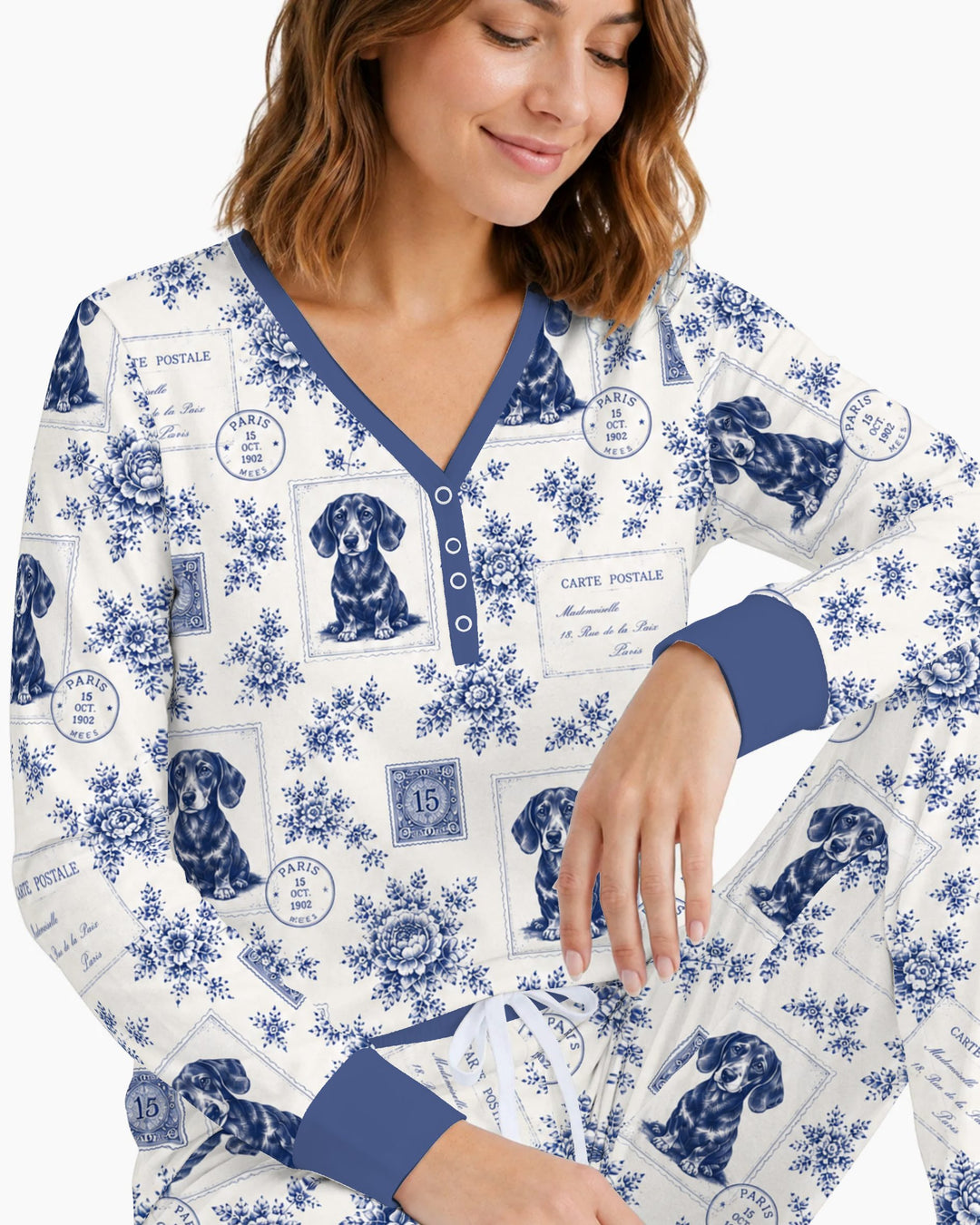 Vintage Blue Dachshund Postcards Bamboo Women Pajama Set