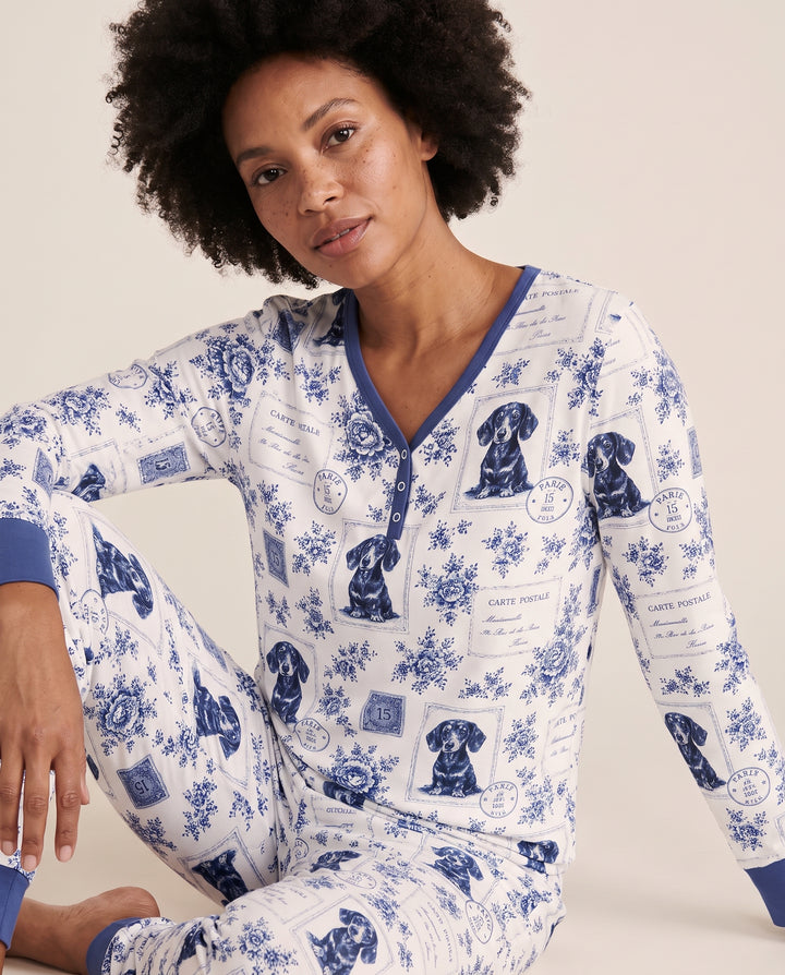 Vintage Blue Dachshund Postcards Bamboo Women Pajama Set