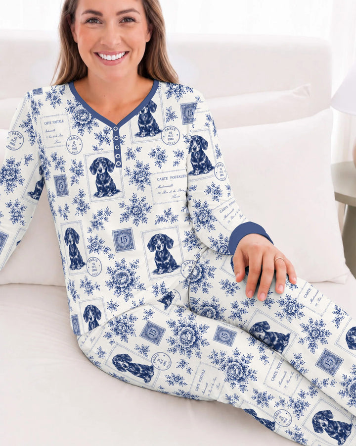 Vintage Blue Dachshund Postcards Bamboo Women Pajama Set