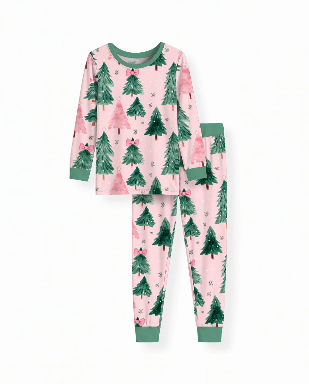 Watercolor Pink Bow Christmas Trees Bamboo Two Piece Long Sleeve Pajama Set