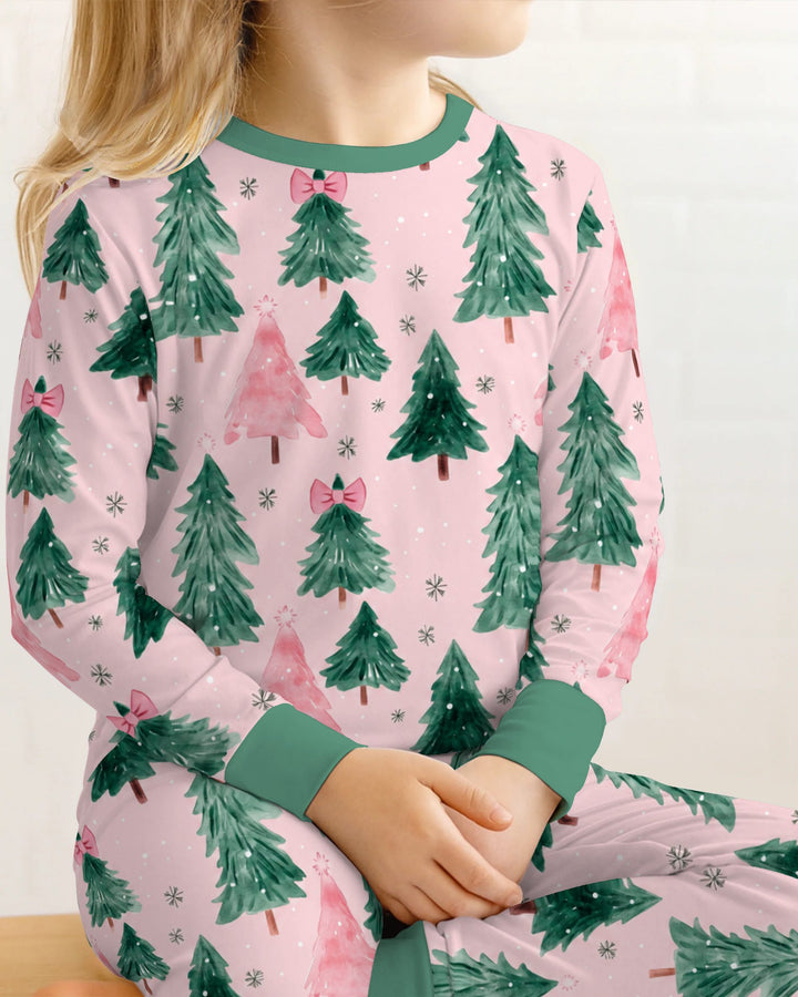 Watercolor Pink Bow Christmas Trees Bamboo Two Piece Long Sleeve Pajama Set