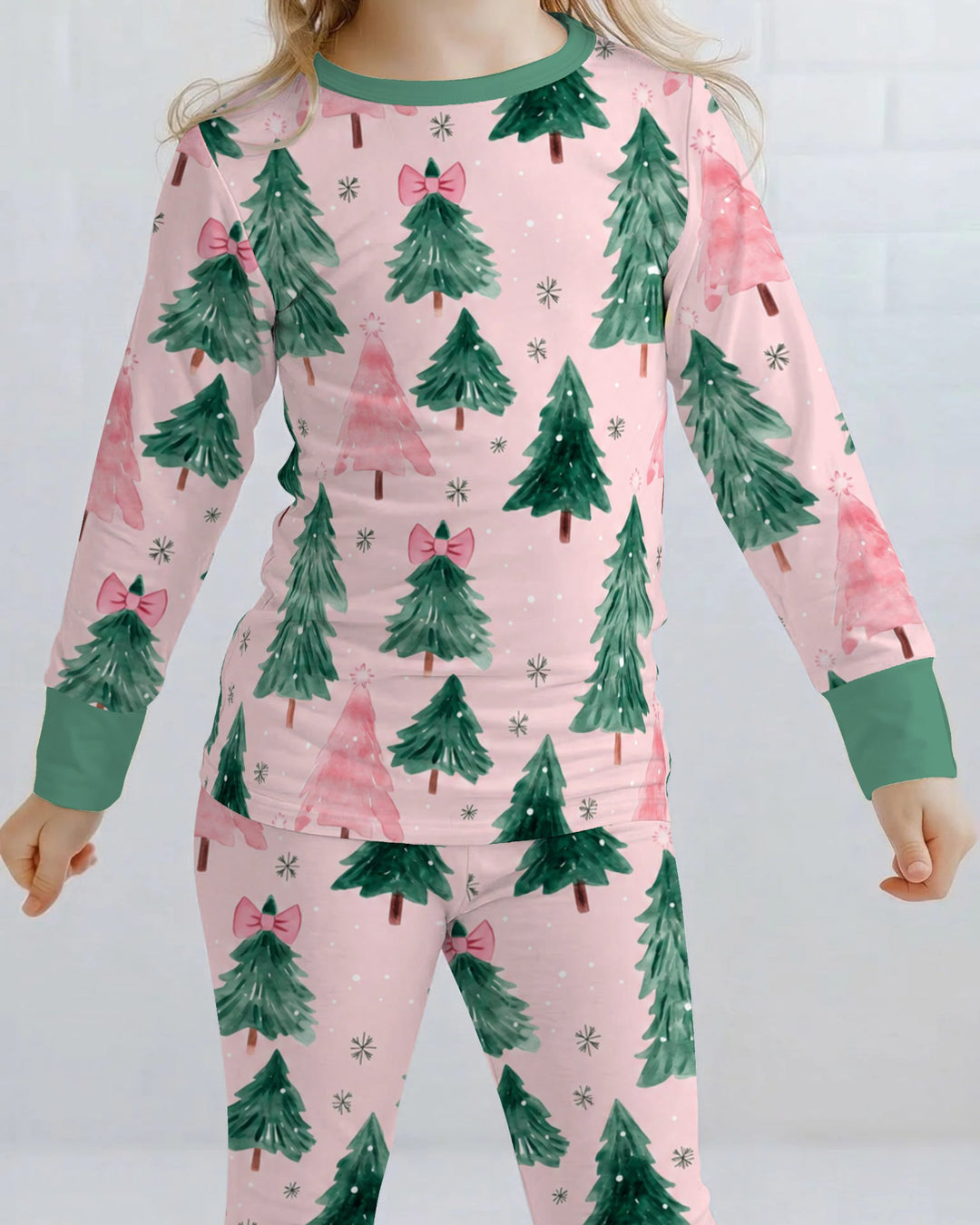 Watercolor Pink Bow Christmas Trees Bamboo Two Piece Long Sleeve Pajama Set