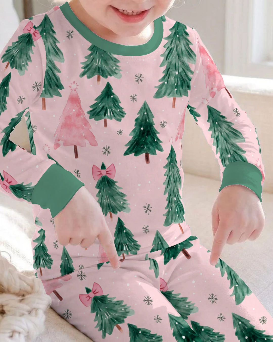 Watercolor Pink Bow Christmas Trees Bamboo Two Piece Long Sleeve Pajama Set