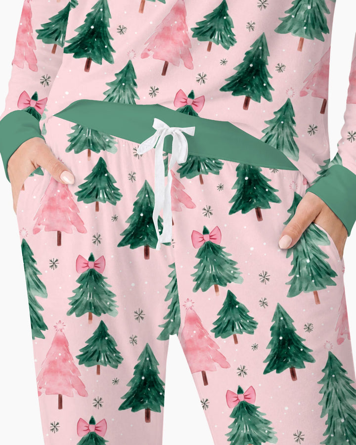 Watercolor Pink Bow Christmas Trees Bamboo Women Pajama Set