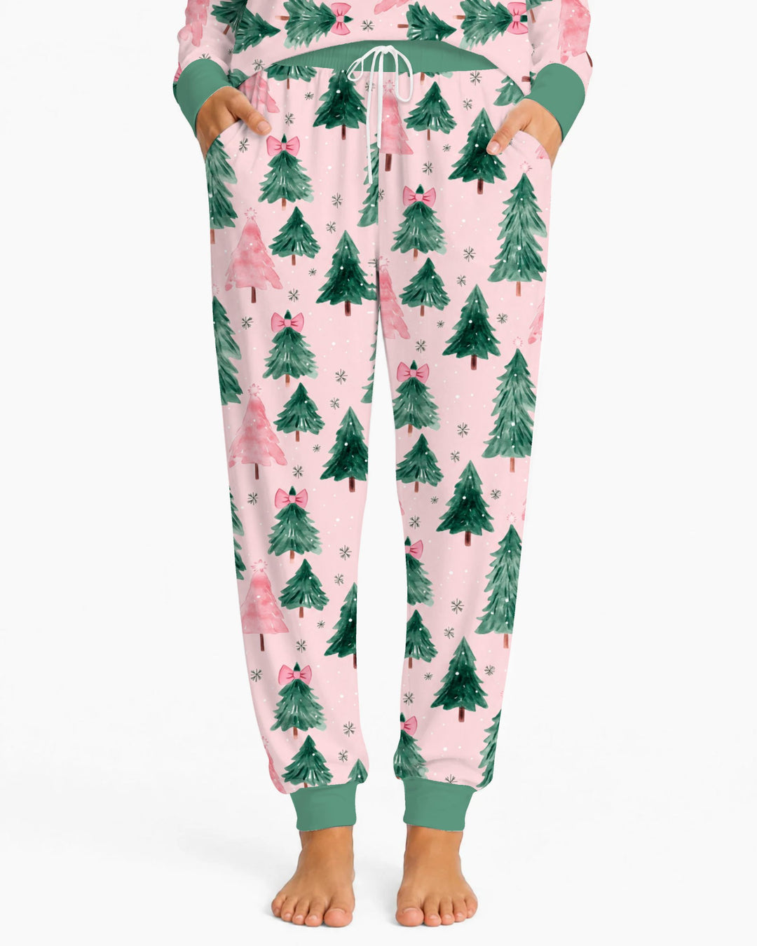 Watercolor Pink Bow Christmas Trees Bamboo Women Pajama Set