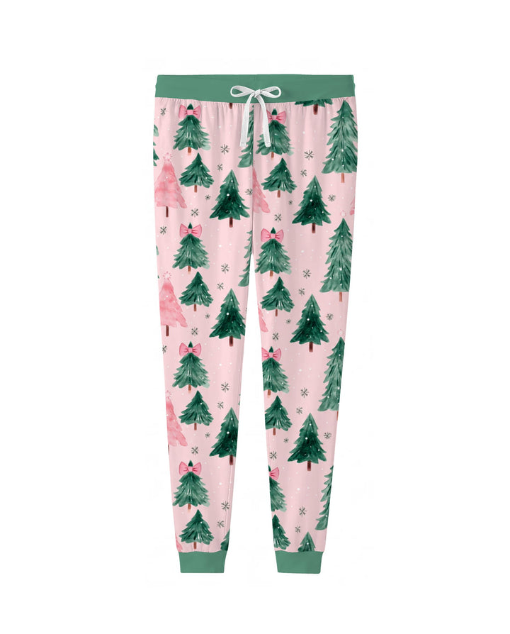Watercolor Pink Bow Christmas Trees Bamboo Women Pajama Set