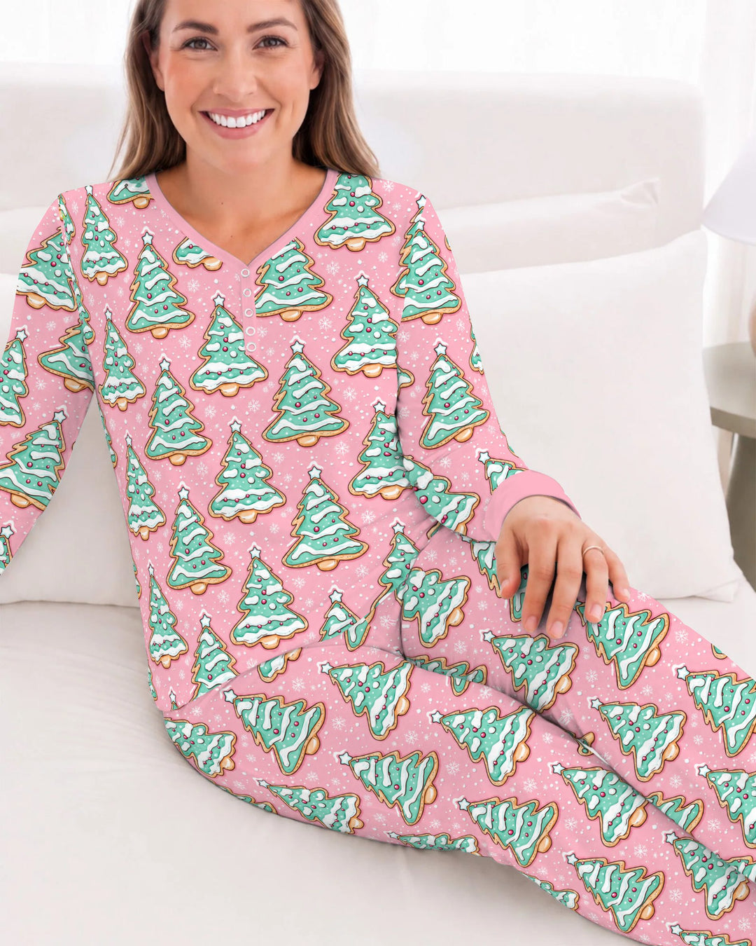 Pastel Gingerbread Christmas Tree Cookies Bamboo Women Pajama Set