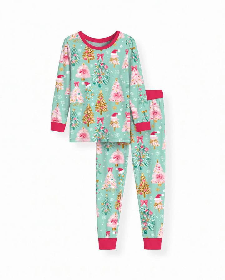 Pastel Pink Christmas Tree Wonderland Bamboo Two Piece Long Sleeve Pajama Set