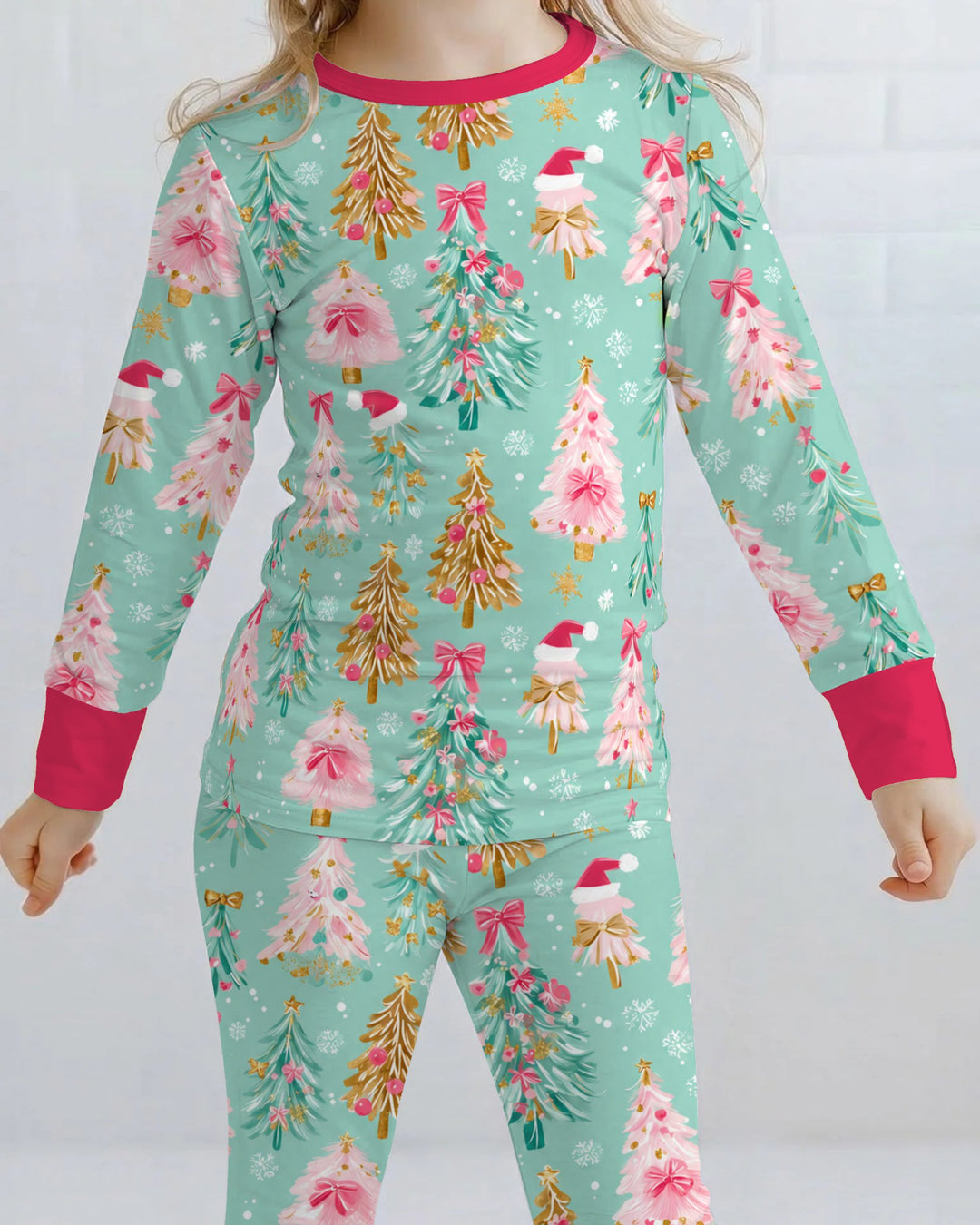 Pastel Pink Christmas Tree Wonderland Bamboo Two Piece Long Sleeve Pajama Set