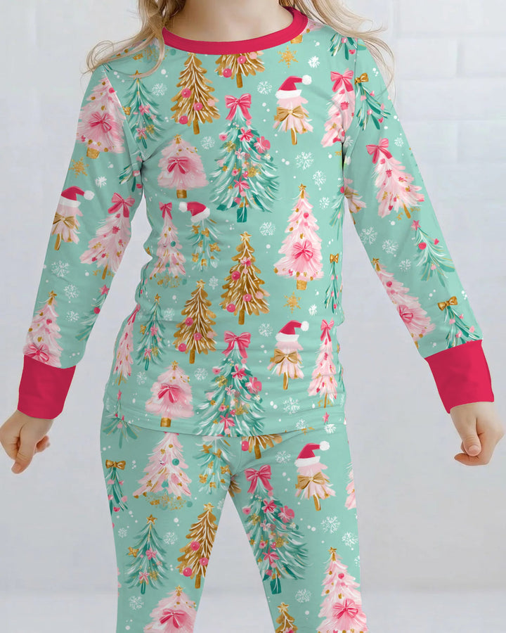 Pastel Pink Christmas Tree Wonderland Bamboo Two Piece Long Sleeve Pajama Set