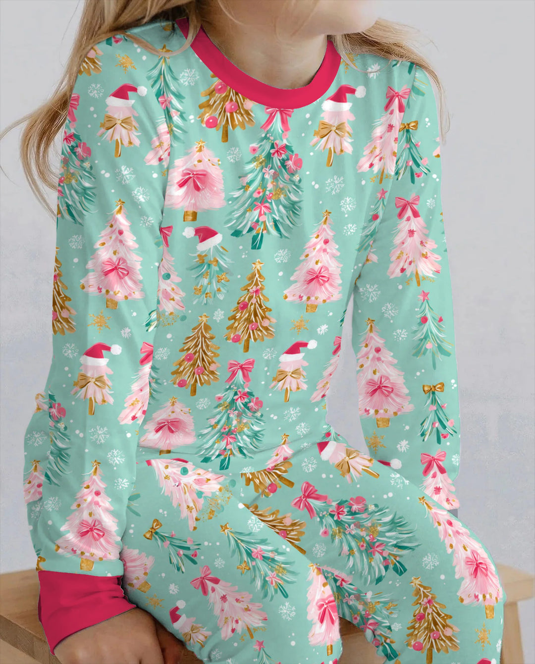 Pastel Pink Christmas Tree Wonderland Bamboo Two Piece Long Sleeve Pajama Set