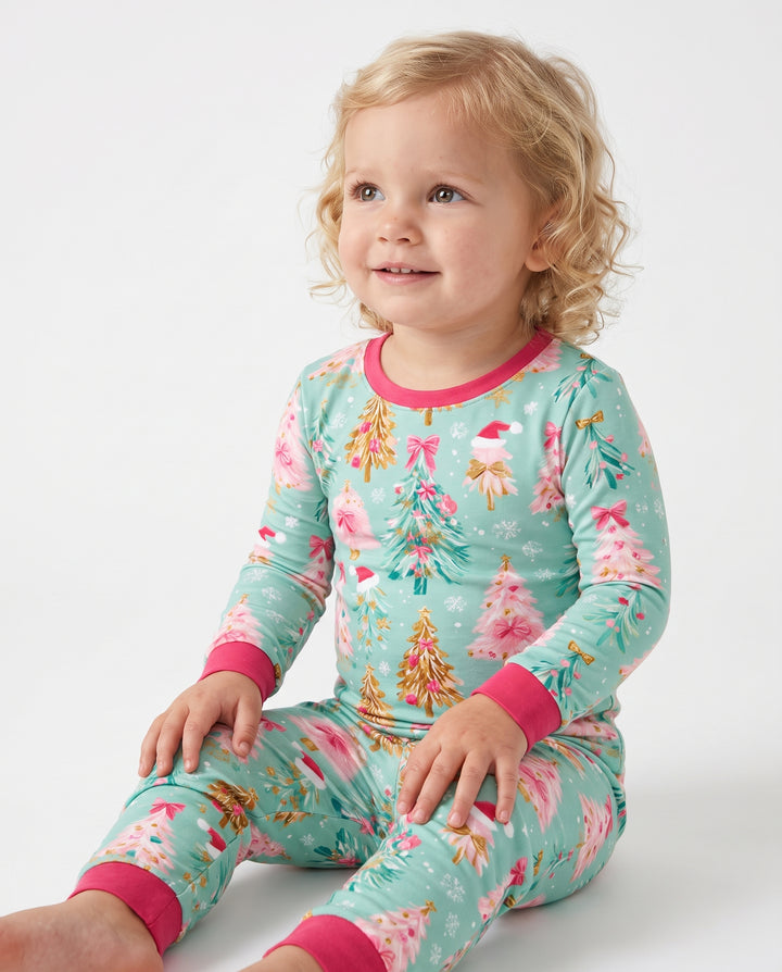 Pastel Pink Christmas Tree Wonderland Bamboo Two Piece Long Sleeve Pajama Set