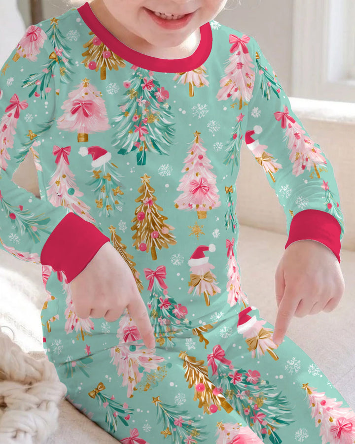 Pastel Pink Christmas Tree Wonderland Bamboo Two Piece Long Sleeve Pajama Set