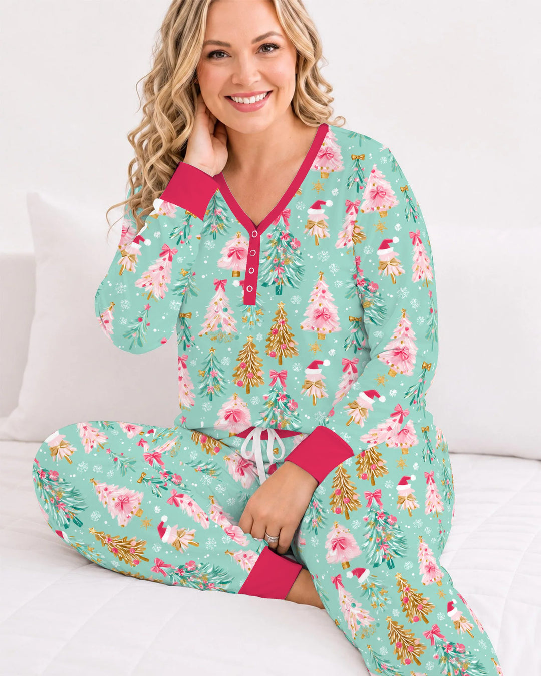 Pastel Pink Christmas Tree Wonderland Bamboo Women Pajama Set