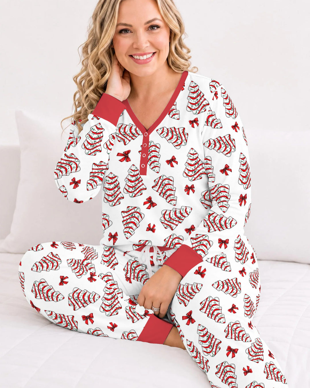 Christmas Tree Sugar Cookies with Red Bows Bamboo Women Pajama Set