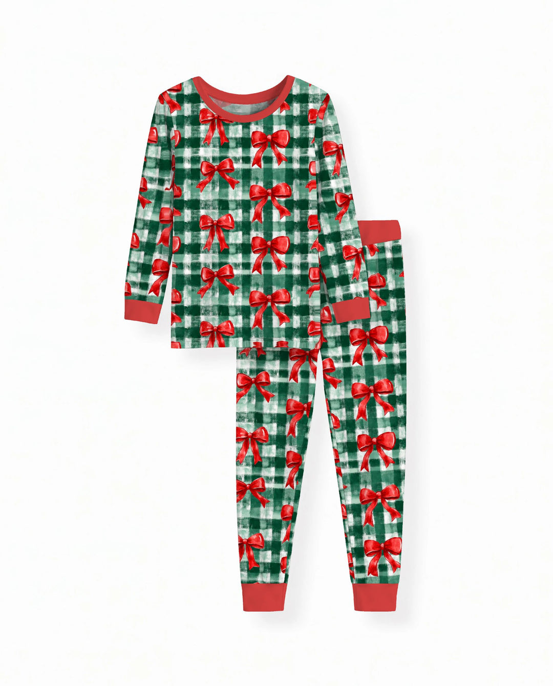Watercolor Red Bows Green Plaid Christmas Bamboo Two Piece Long Sleeve Pajama Set