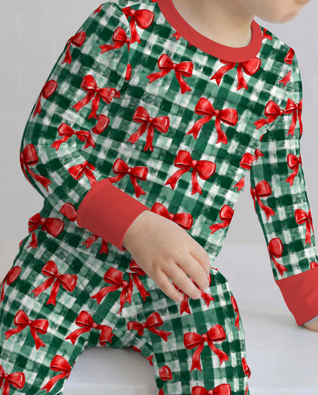 Watercolor Red Bows Green Plaid Christmas Bamboo Two Piece Long Sleeve Pajama Set