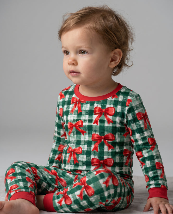 Watercolor Red Bows Green Plaid Christmas Bamboo Two Piece Long Sleeve Pajama Set