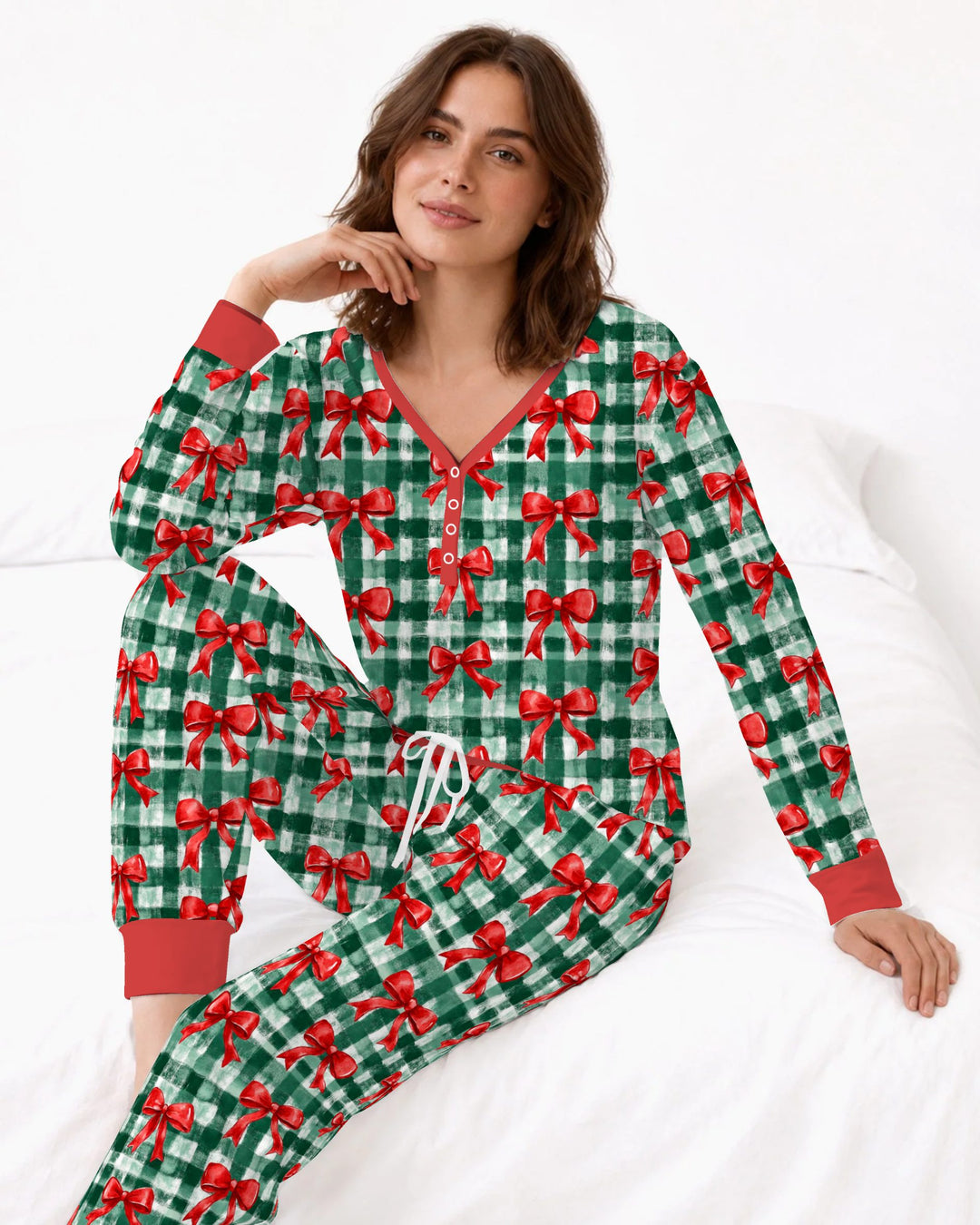 Watercolor Red Bows Green Plaid Christmas Bamboo Women Pajama Set