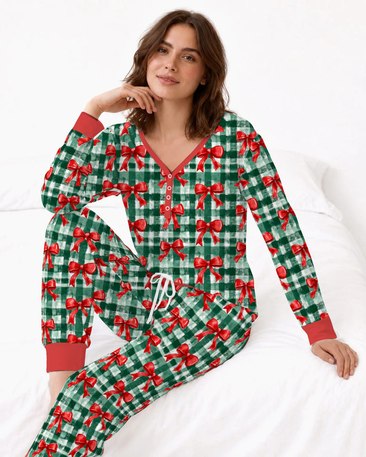 Watercolor Red Bows Green Plaid Christmas Bamboo Women Pajama Set