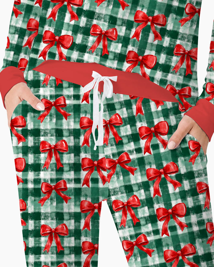 Watercolor Red Bows Green Plaid Christmas Bamboo Women Pajama Set