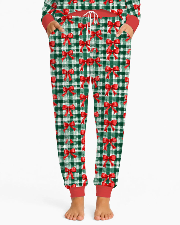 Watercolor Red Bows Green Plaid Christmas Bamboo Women Pajama Set