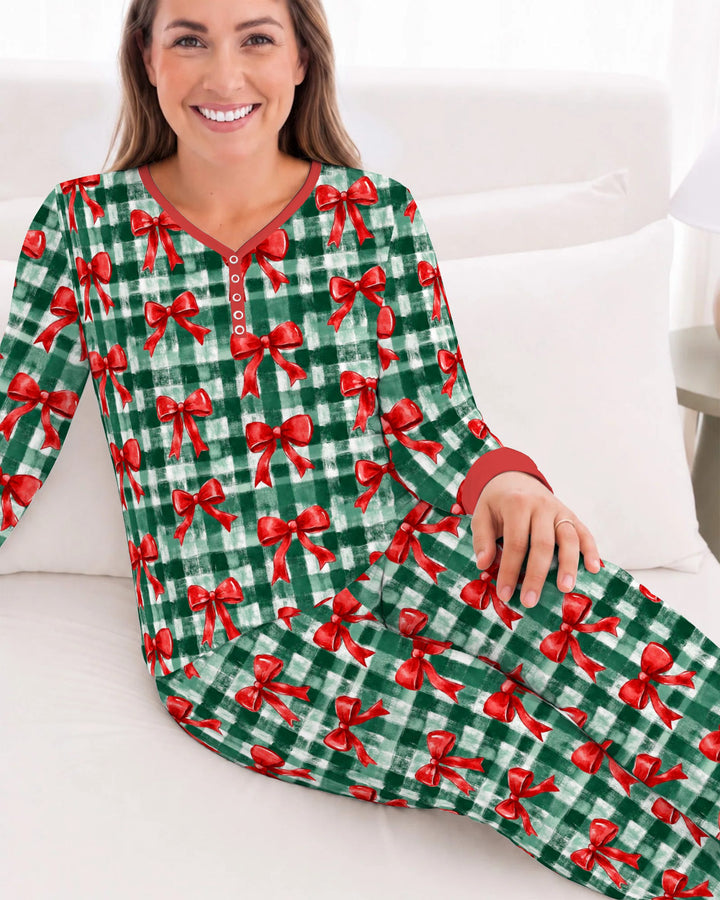 Watercolor Red Bows Green Plaid Christmas Bamboo Women Pajama Set