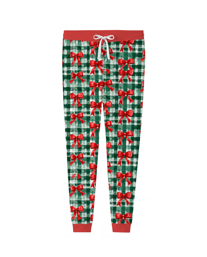 Watercolor Red Bows Green Plaid Christmas Bamboo Women Pajama Set