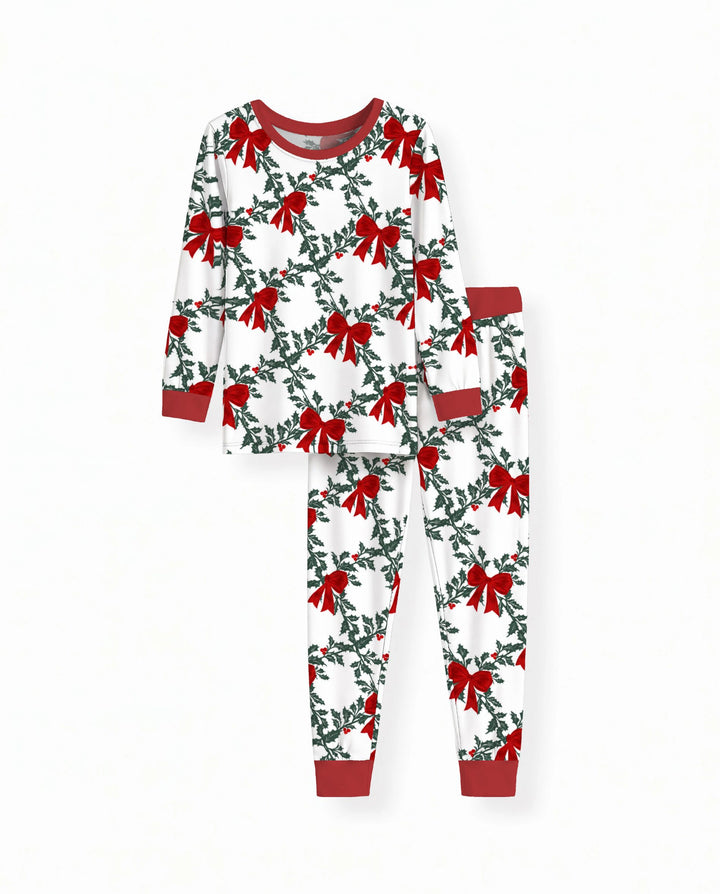 Vintage Christmas Holly Red Bows Bamboo Two Piece Long Sleeve Pajama Set