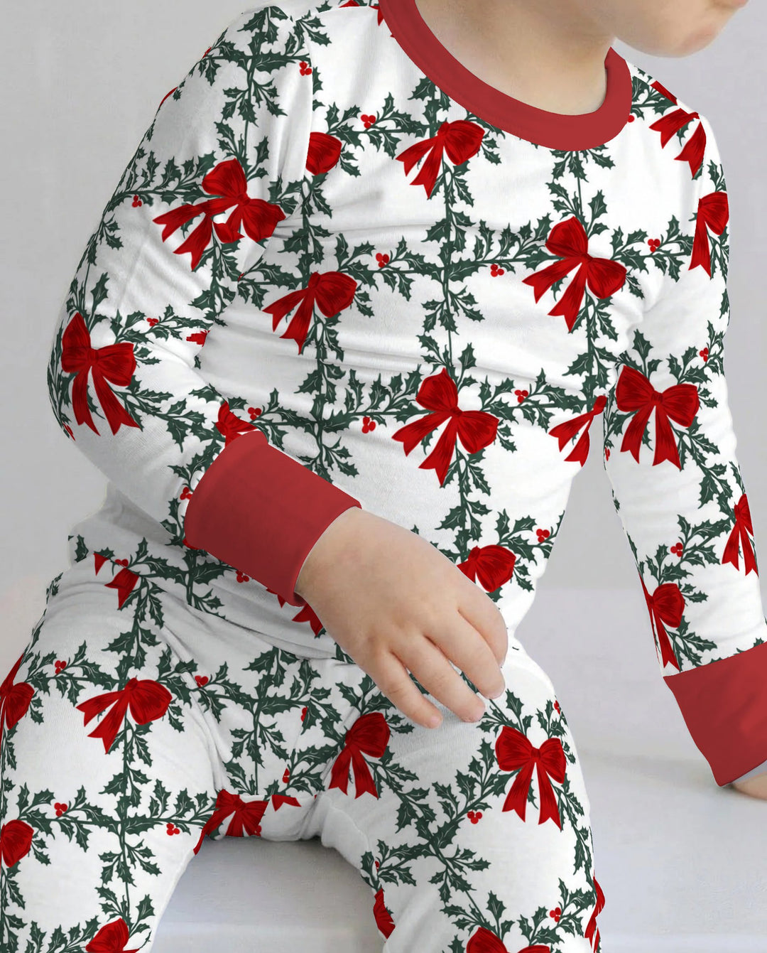 Vintage Christmas Holly Red Bows Bamboo Two Piece Long Sleeve Pajama Set