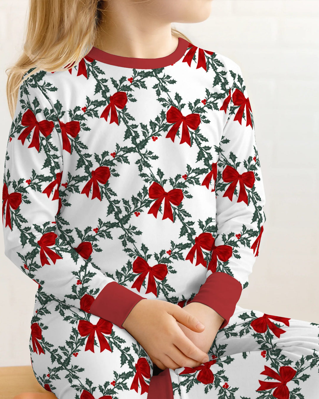 Vintage Christmas Holly Red Bows Bamboo Two Piece Long Sleeve Pajama Set