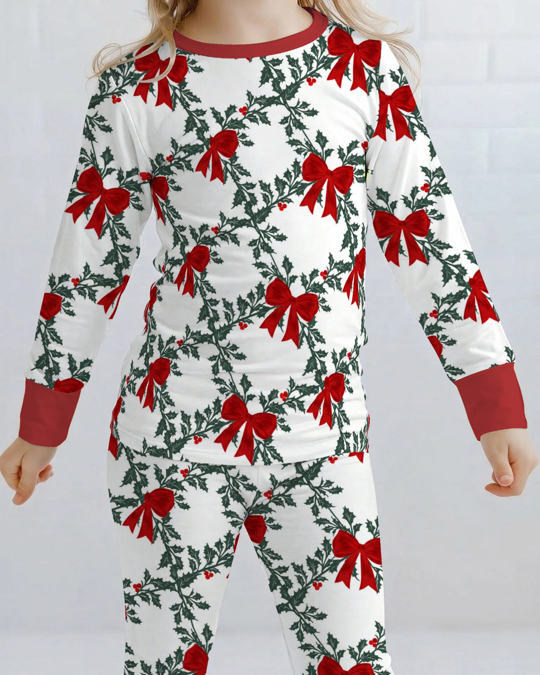 Vintage Christmas Holly Red Bows Bamboo Two Piece Long Sleeve Pajama Set