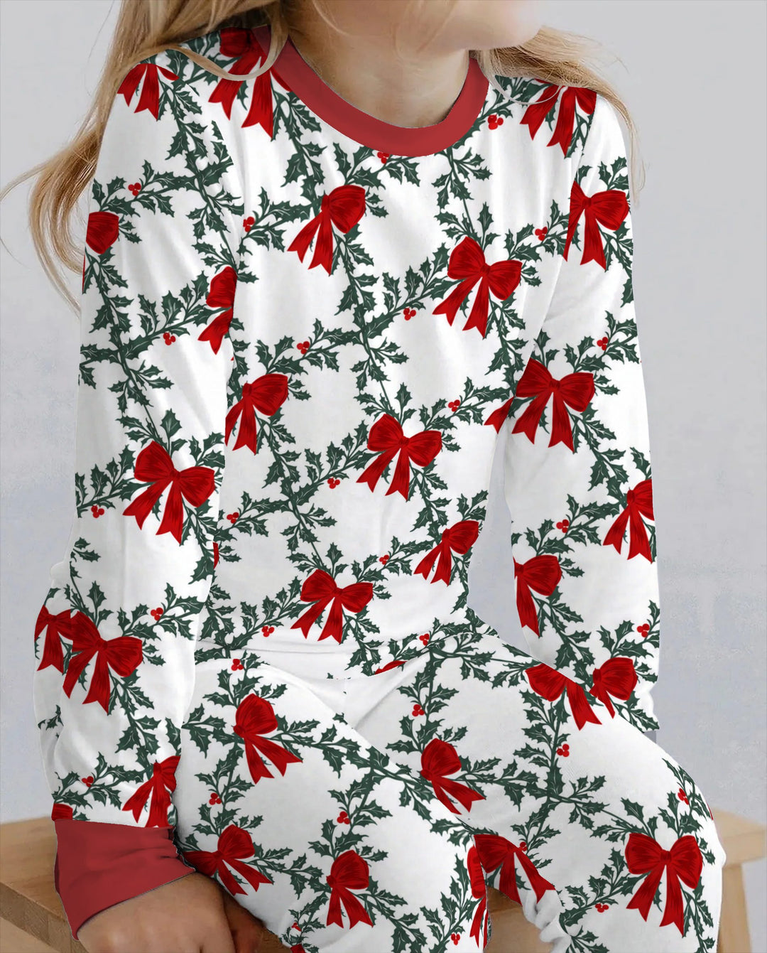 Vintage Christmas Holly Red Bows Bamboo Two Piece Long Sleeve Pajama Set