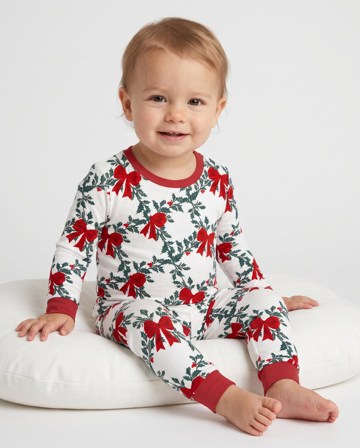 Vintage Christmas Holly Red Bows Bamboo Two Piece Long Sleeve Pajama Set