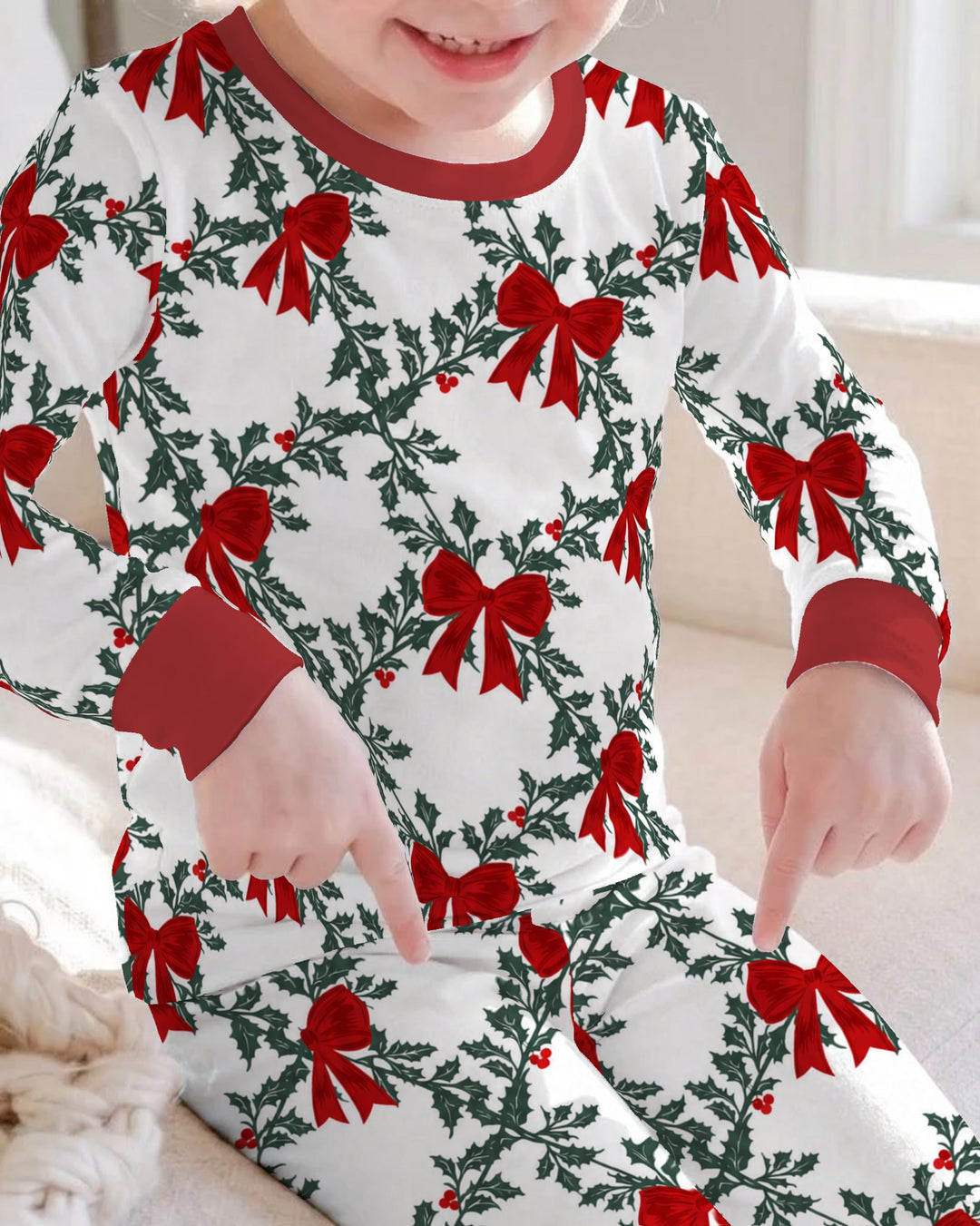 Vintage Christmas Holly Red Bows Bamboo Two Piece Long Sleeve Pajama Set