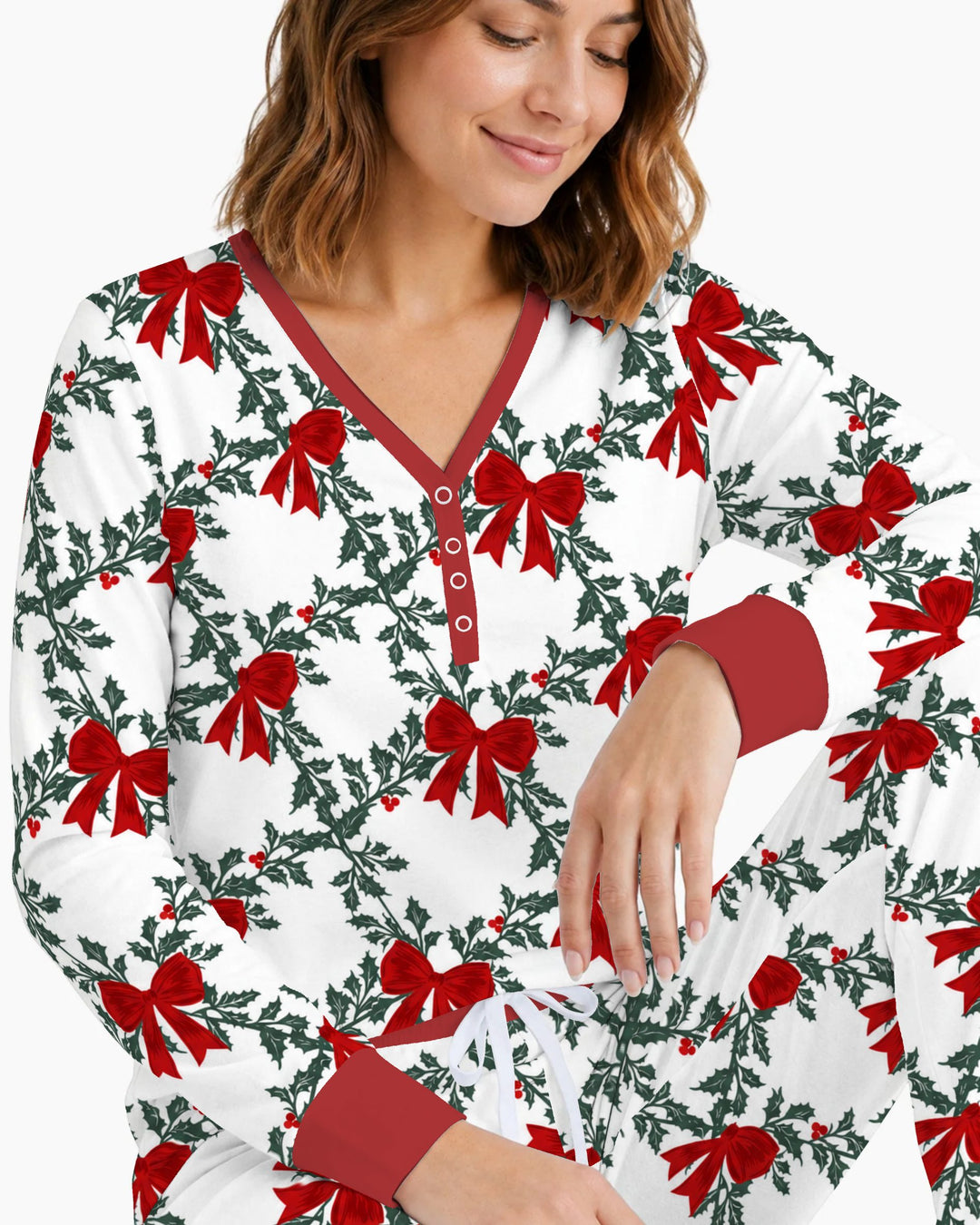 Vintage Christmas Holly Red Bows Bamboo Women Pajama Set