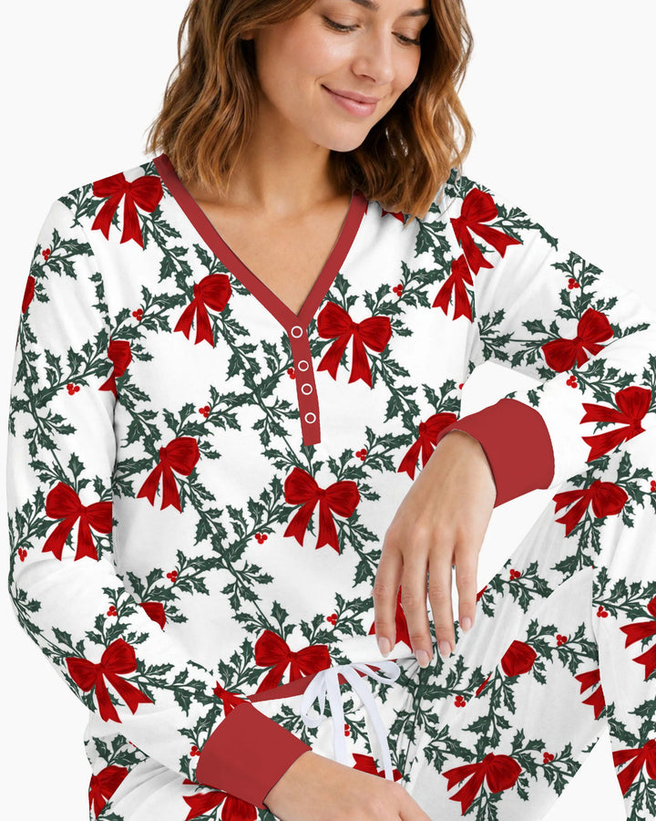 Vintage Christmas Holly Red Bows Bamboo Women Pajama Set
