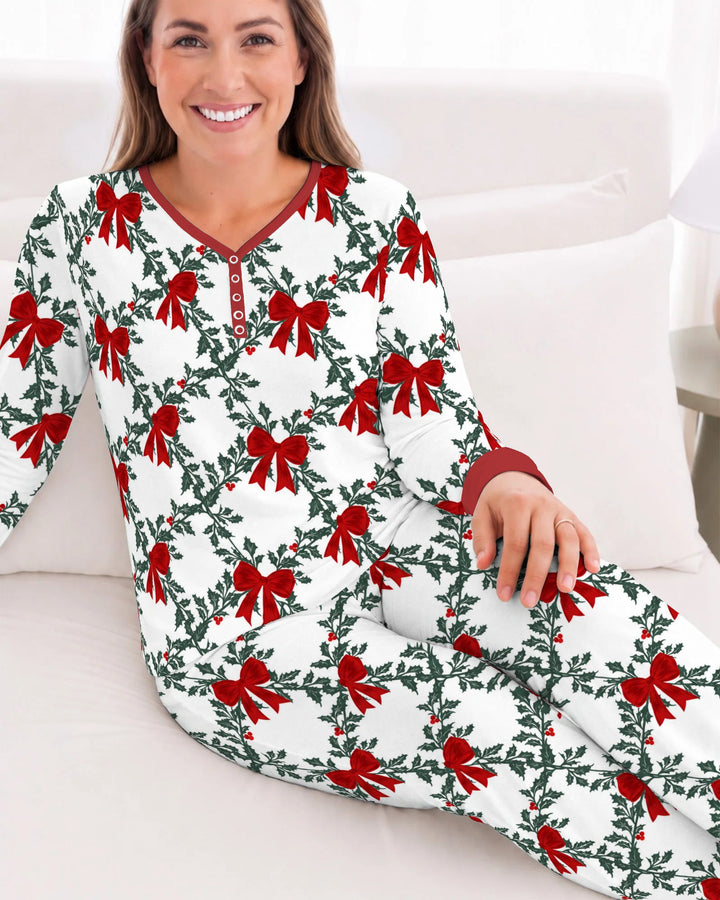 Vintage Christmas Holly Red Bows Bamboo Women Pajama Set