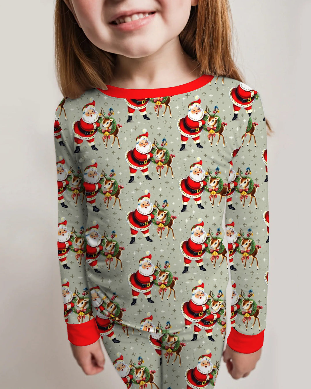 Vintage Santa and Reindeer Christmas Bamboo Two Piece Long Sleeve Pajama Set