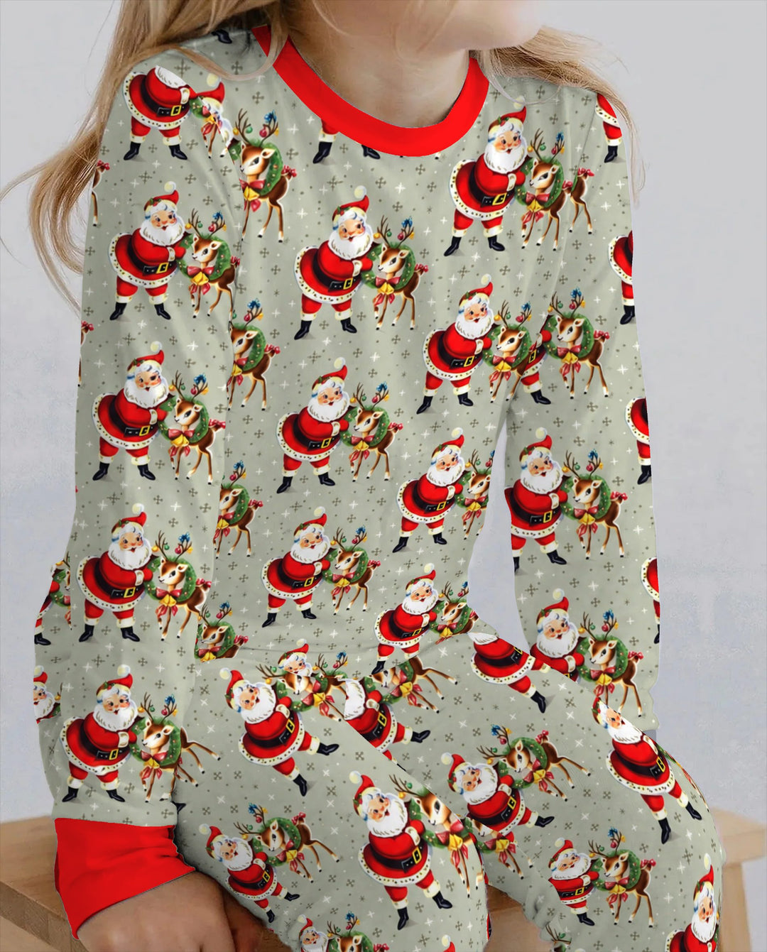 Vintage Santa and Reindeer Christmas Bamboo Two Piece Long Sleeve Pajama Set