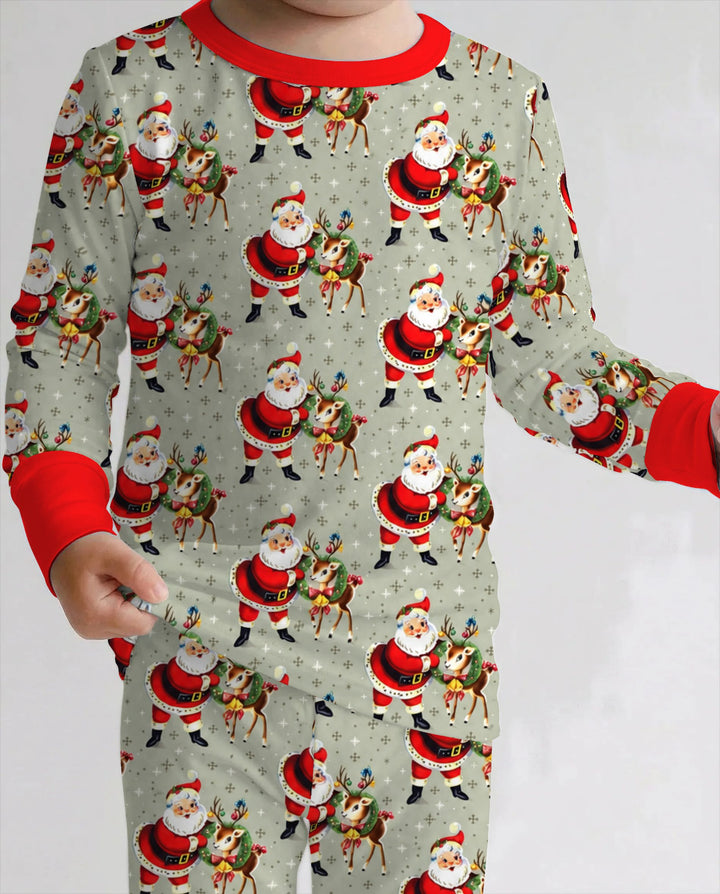 Vintage Santa and Reindeer Christmas Bamboo Two Piece Long Sleeve Pajama Set