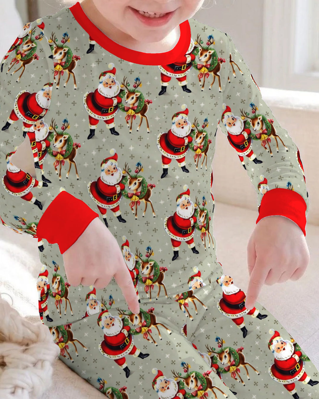 Vintage Santa and Reindeer Christmas Bamboo Two Piece Long Sleeve Pajama Set