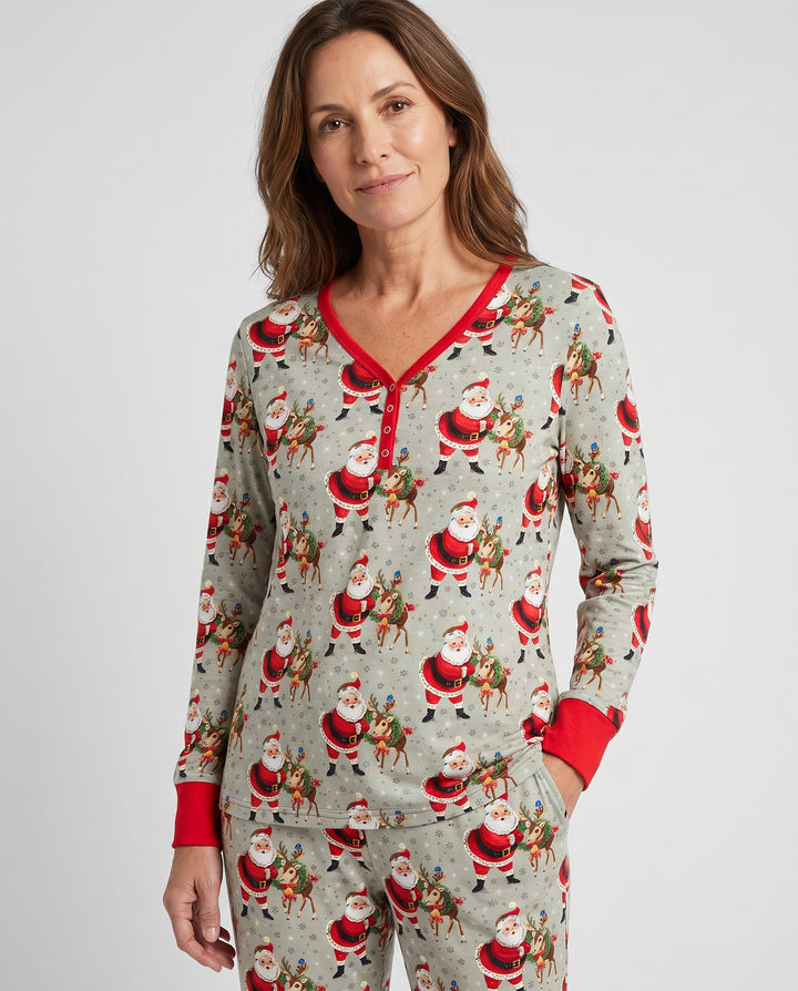 Vintage Santa and Reindeer Christmas Bamboo Women Pajama Set