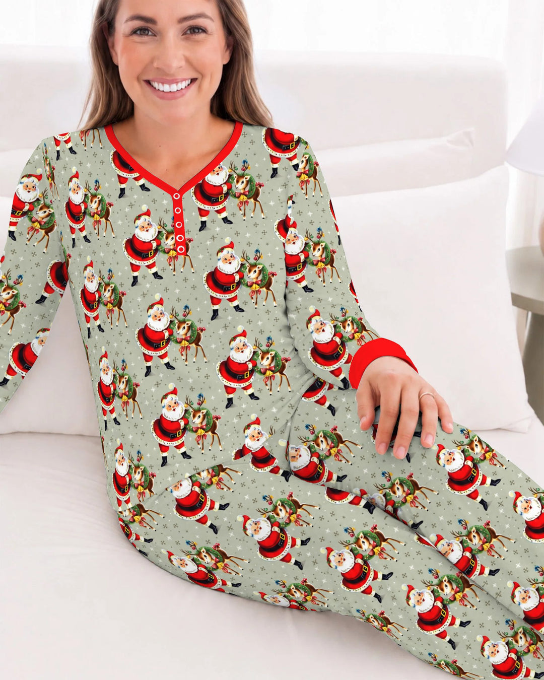Vintage Santa and Reindeer Christmas Bamboo Women Pajama Set