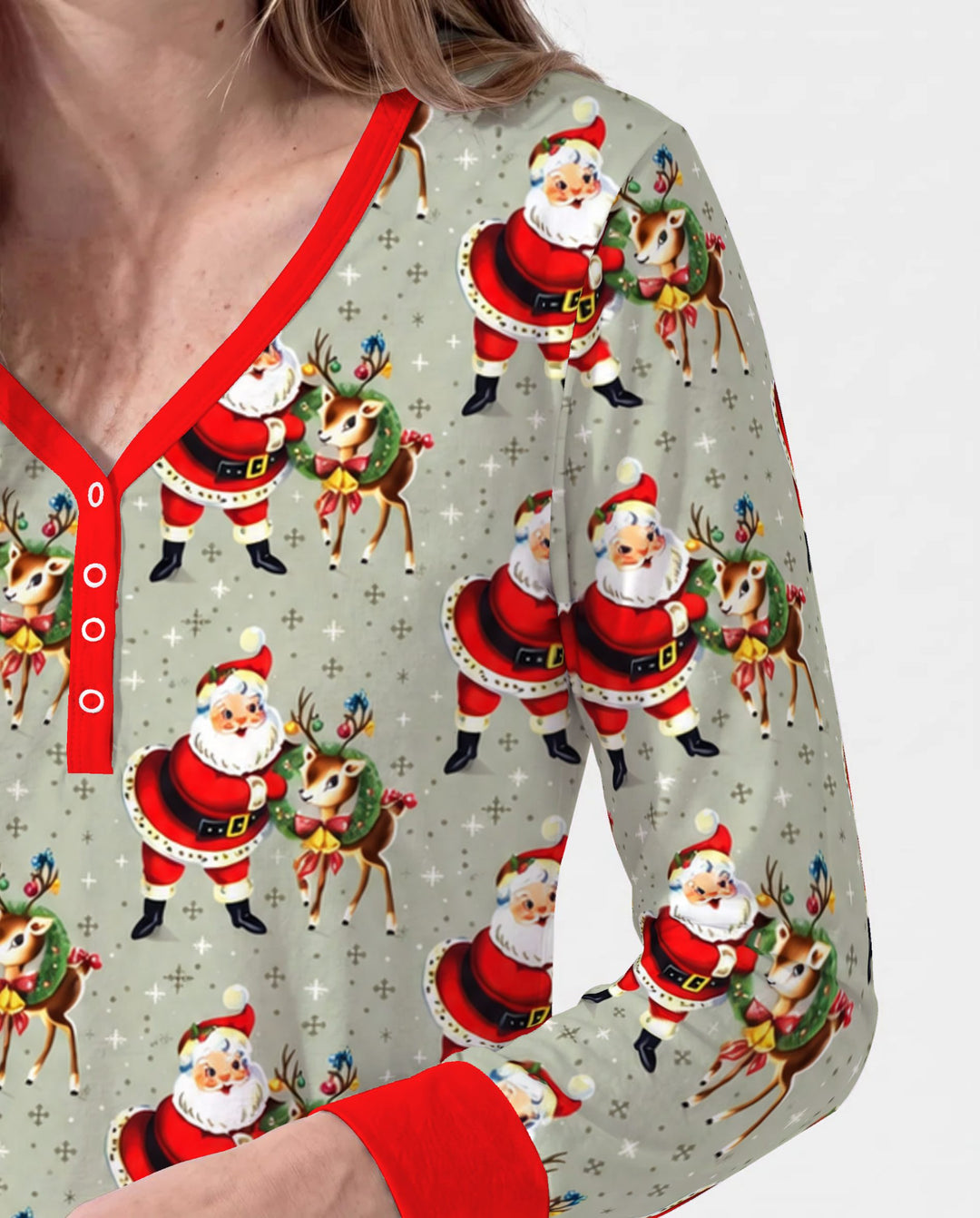 Vintage Santa and Reindeer Christmas Bamboo Women Pajama Set