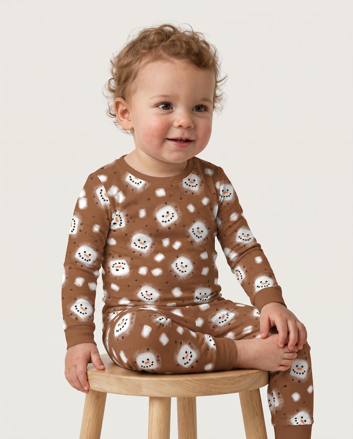 Hot Cocoa Marshmallow Snowman Bamboo Two Piece Long Sleeve Pajama Set