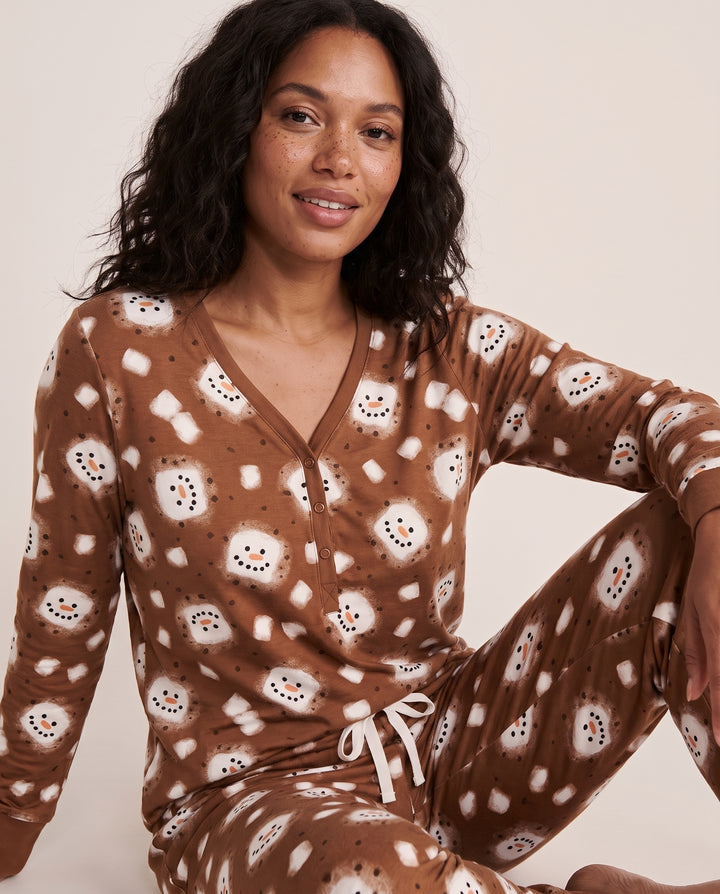 Hot Cocoa Marshmallow Snowman Bamboo Women Pajama Set