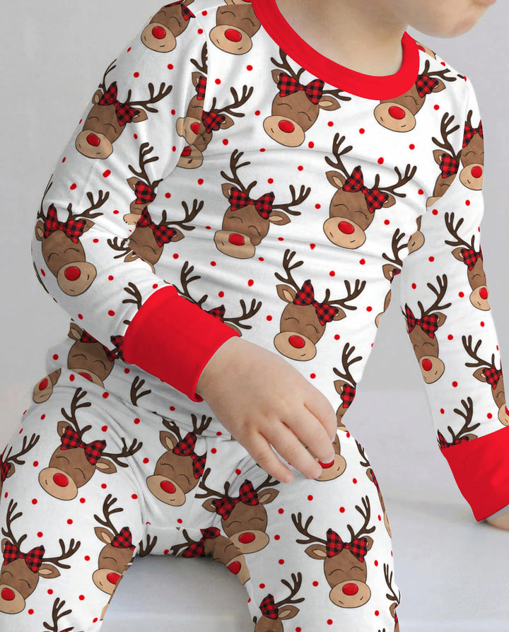 Cute Rudolph Reindeer Buffalo Plaid Bow Bamboo Two Piece Long Sleeve Pajama Set