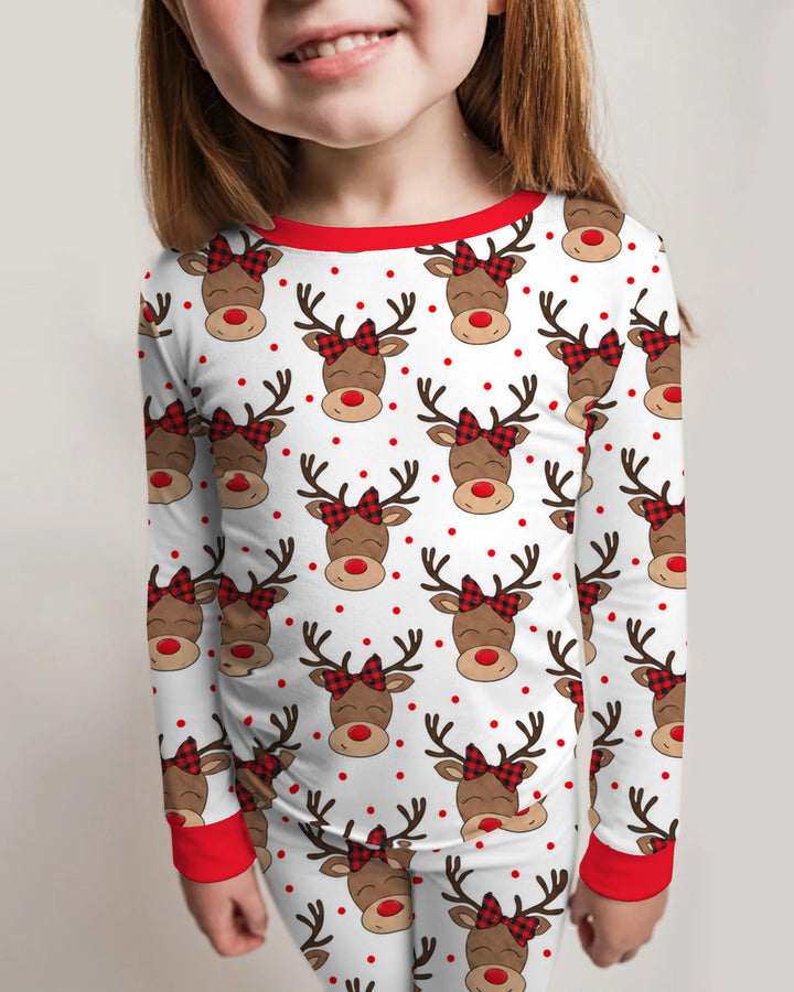 Cute Rudolph Reindeer Buffalo Plaid Bow Bamboo Two Piece Long Sleeve Pajama Set