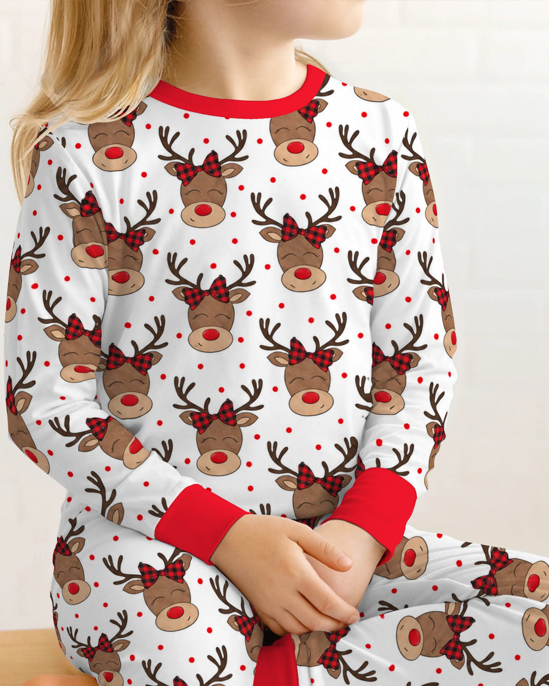 Cute Rudolph Reindeer Buffalo Plaid Bow Bamboo Two Piece Long Sleeve Pajama Set